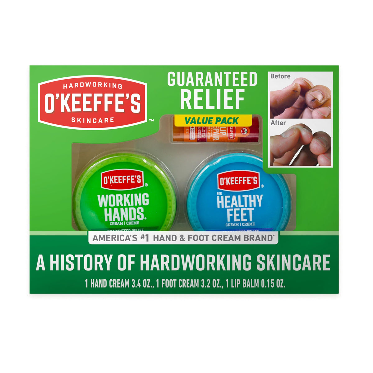 O'Keeffe's giftbox front packaging showing trio and clear benefits