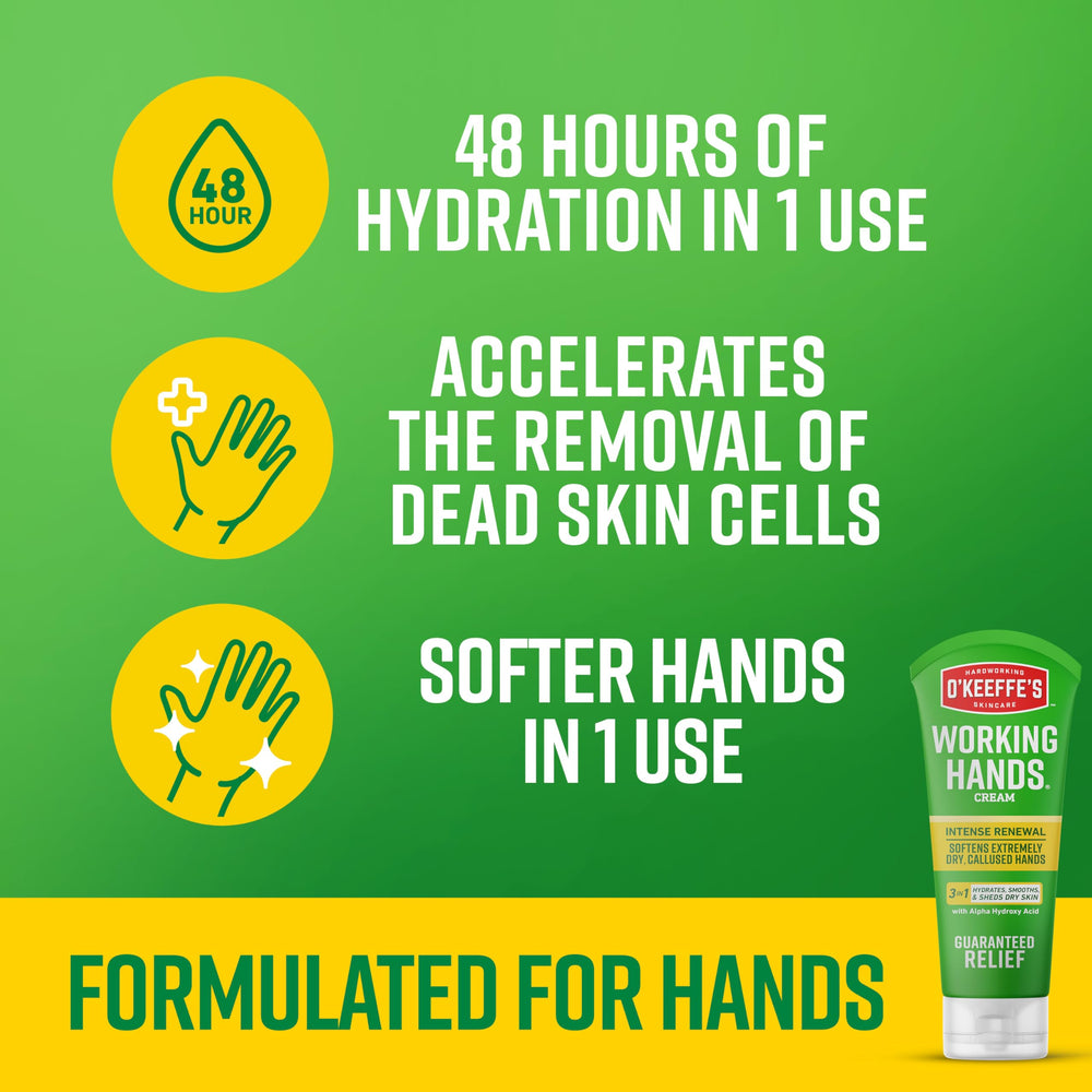 O'Keeffe's label detail listing urea AHA and shea butter benefits