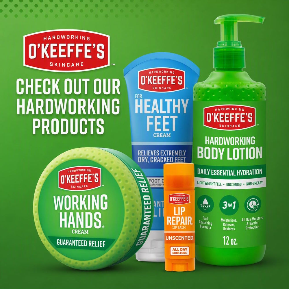 O'Keeffe's product label close-up showing directions and features
