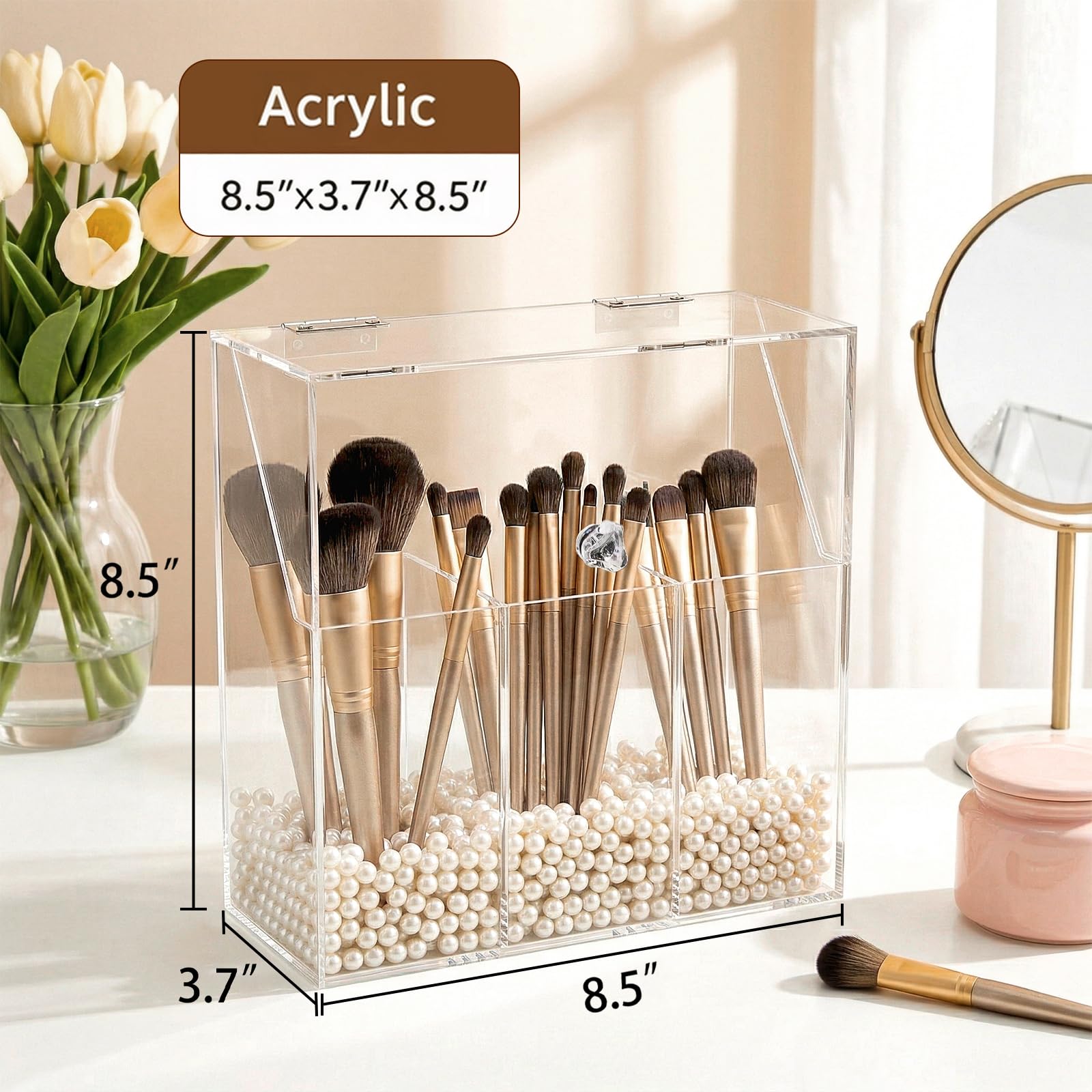 Okllen close-up of white pearls holding brushes upright and secure