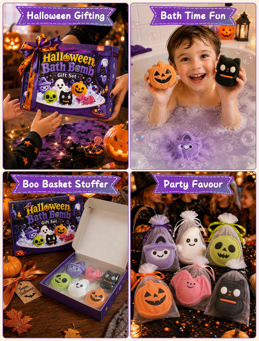 OKPOW boo basket display with bath bombs as party favors and seasonal treats