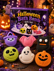 OKPOW front packaging showing six Halloween bath bomb characters and gift-ready design