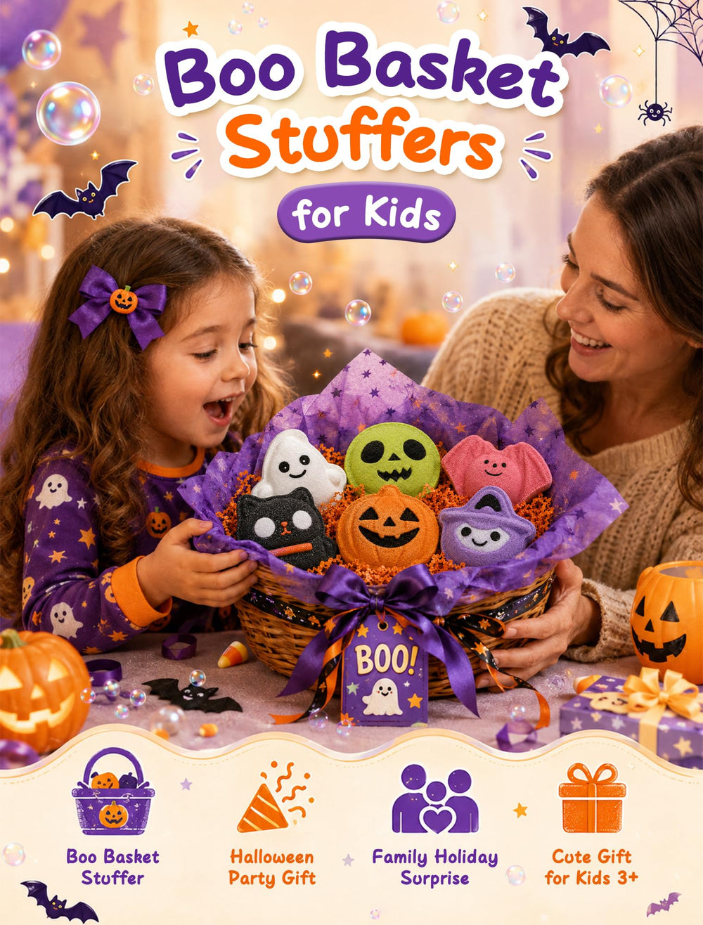 OKPOW pumpkin and witch bath bombs fizzing in a child bathtub for playful baths