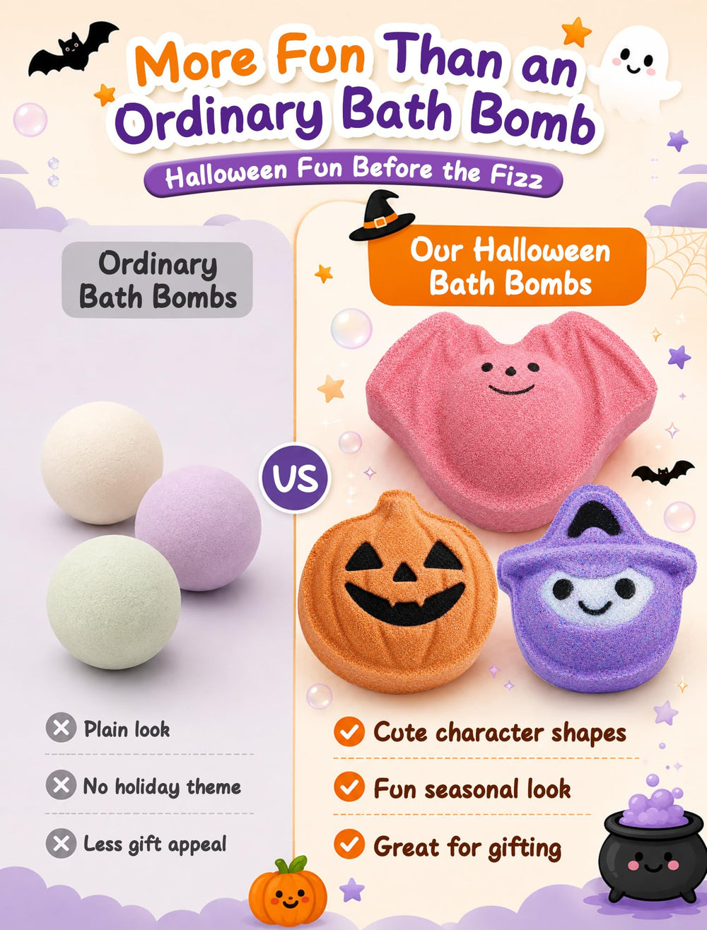 OKPOW six character-shaped bath bombs arranged to show variety and selection options