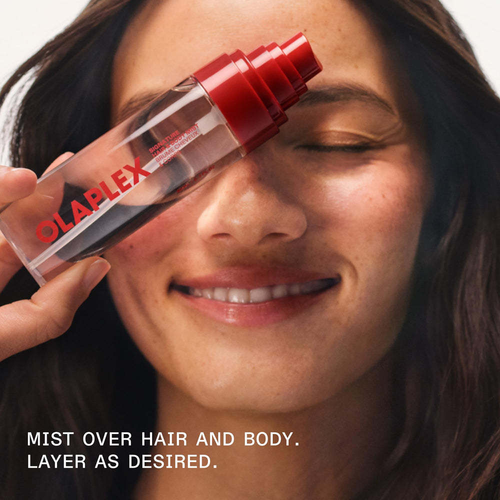 Olaplex mist beside everyday items to show 80 mL size for travel convenience