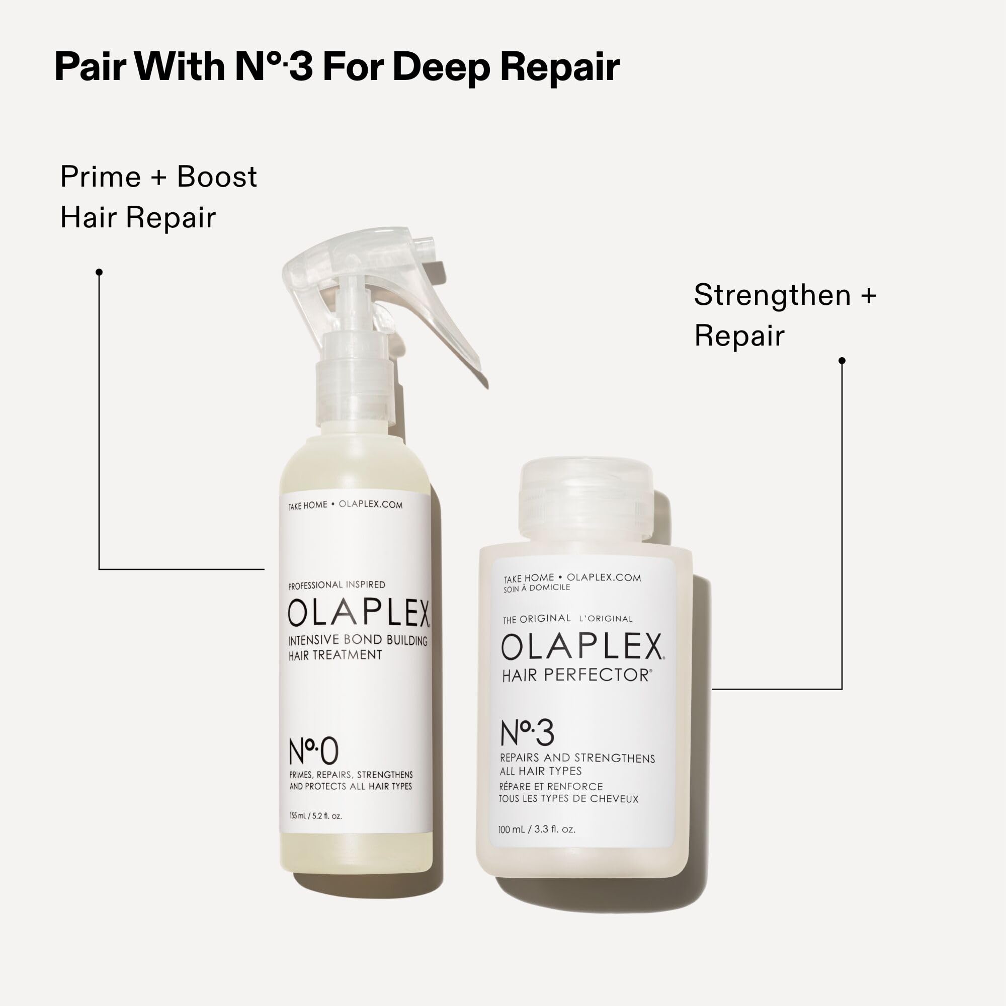 Olaplex N°.0 next to No.3 Hair Perfector to show the two-step repair system