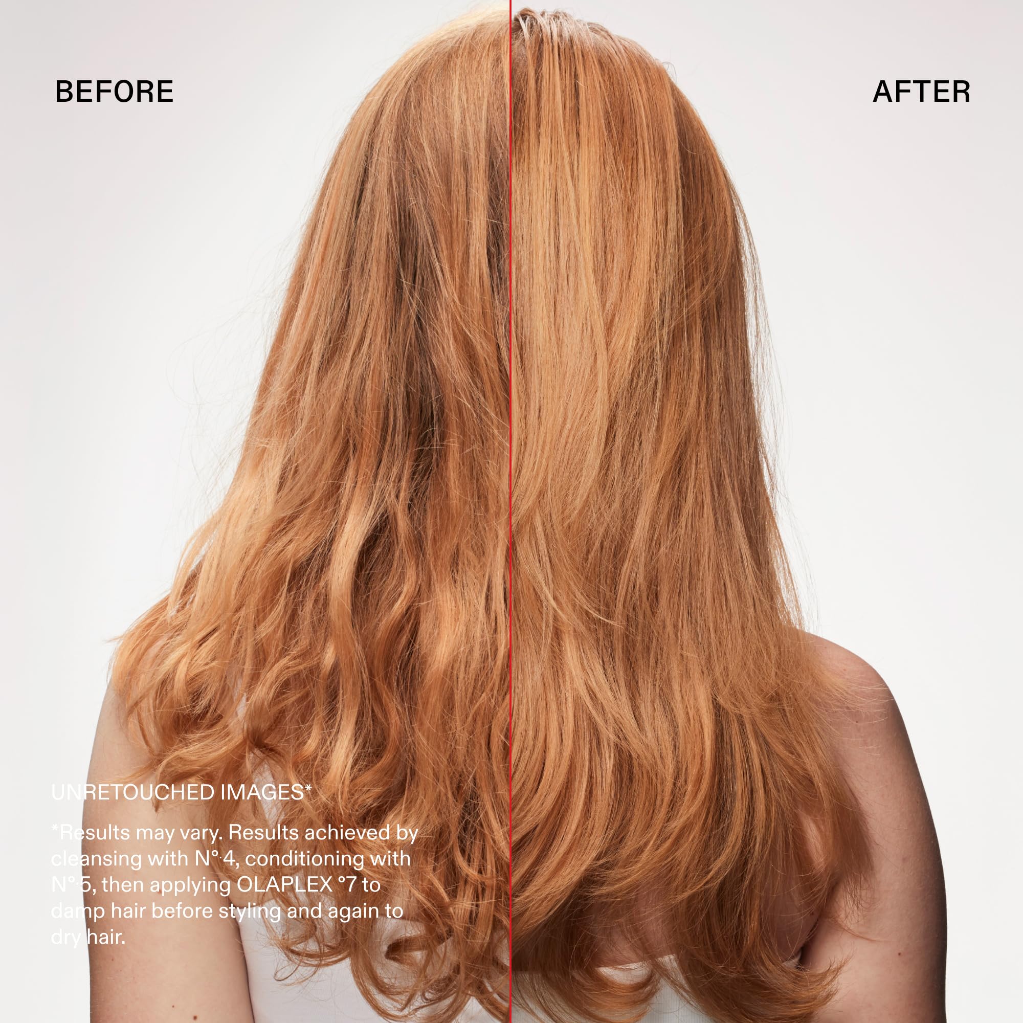 Olaplex No.7 finishing polish on styled hair showing sleek, glossy result