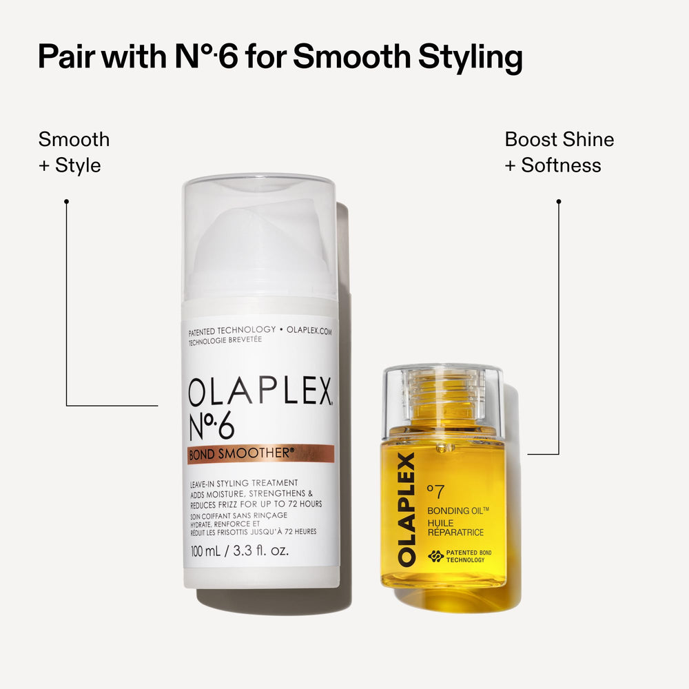 Olaplex No.7 packaging side label close-up showing product claims and clarity