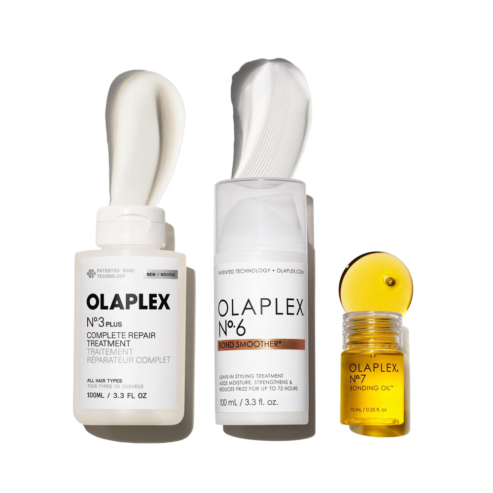 Olaplex front packaging of the Treat & Shine set showing trio benefits