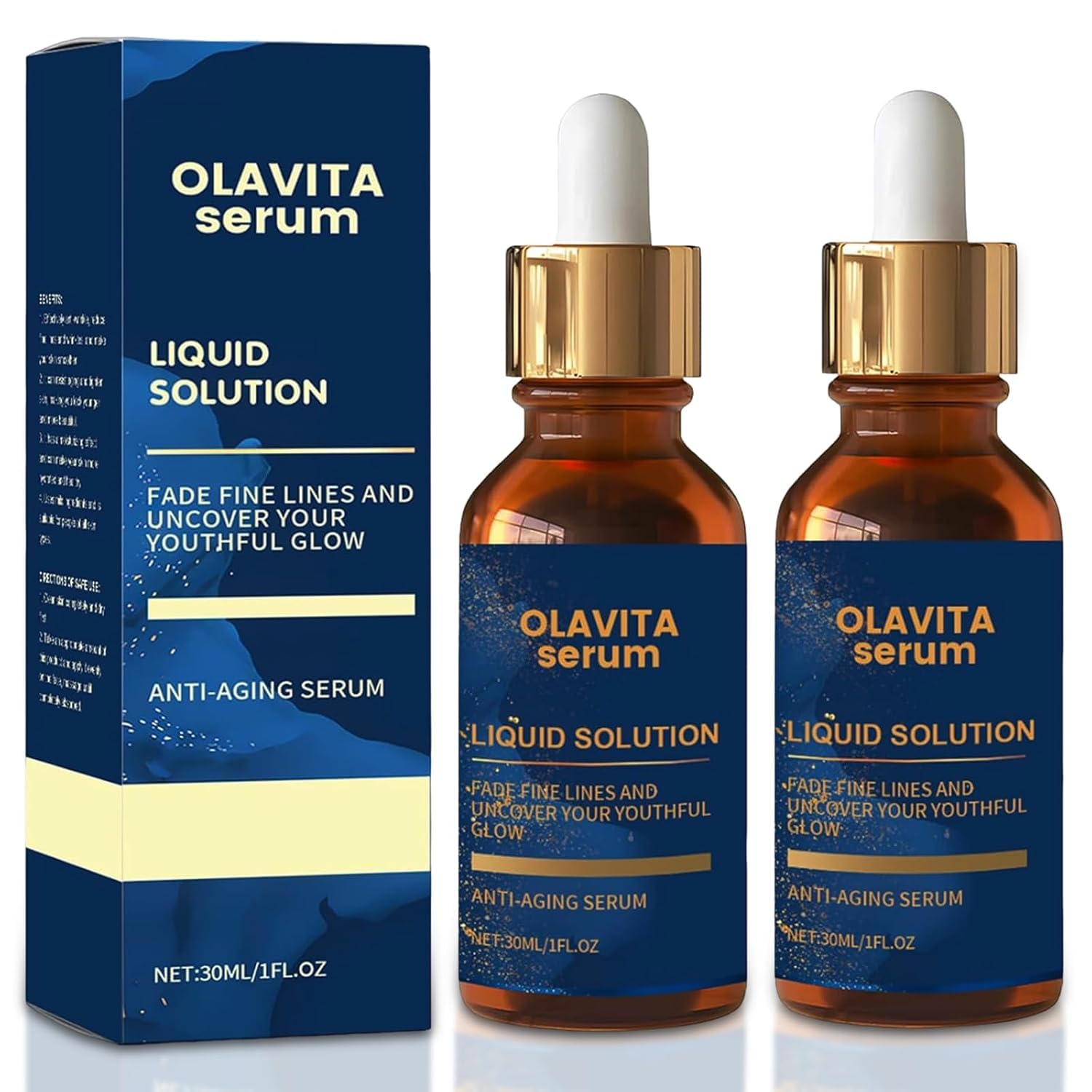 Olavita front packaging showing the dual serum bottles and benefits