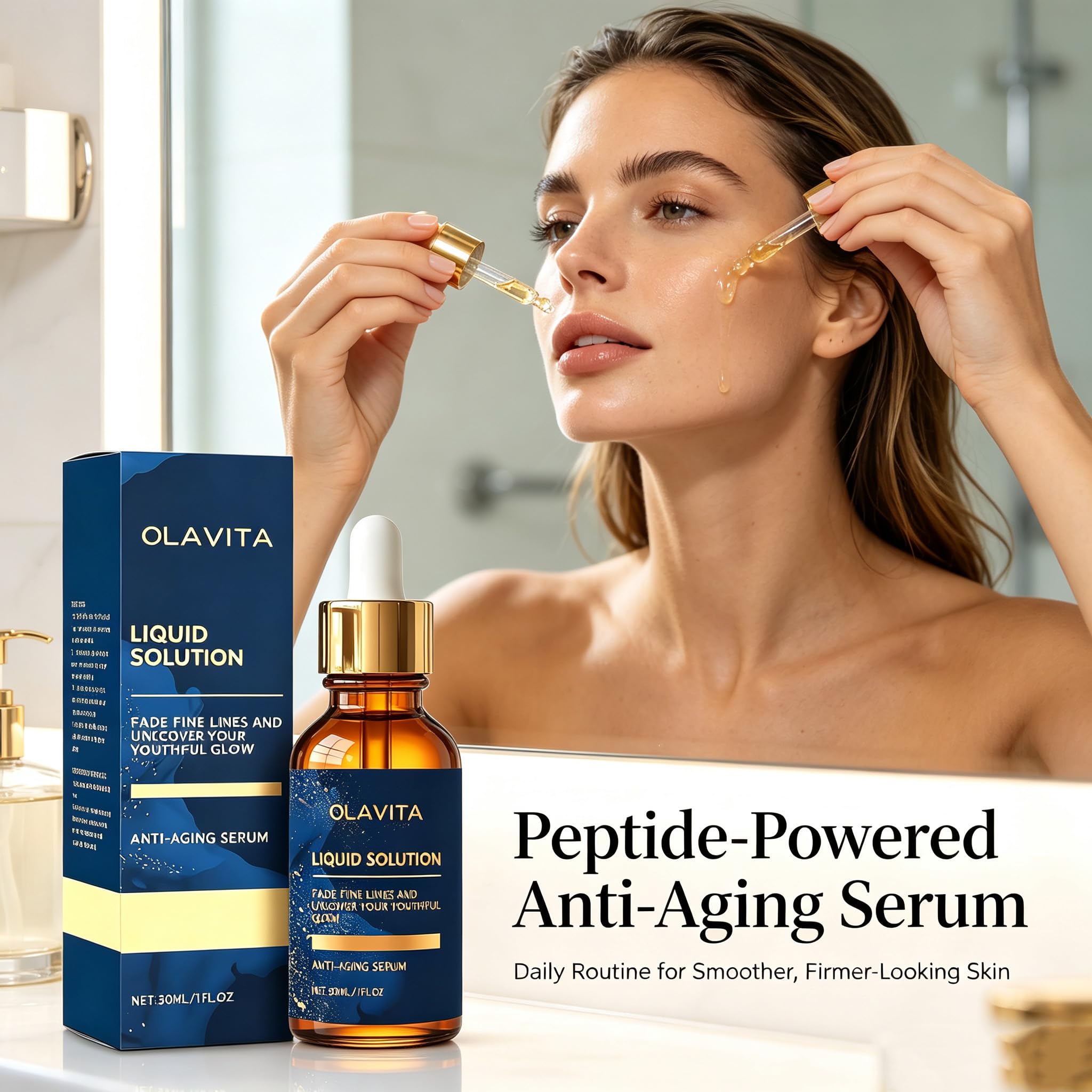 OLAVITA on bathroom counter in morning routine conveying layering under SPF