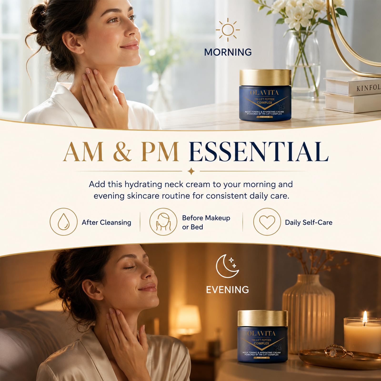 OLAVITA on vanity at night promoting routine use for overnight renewal