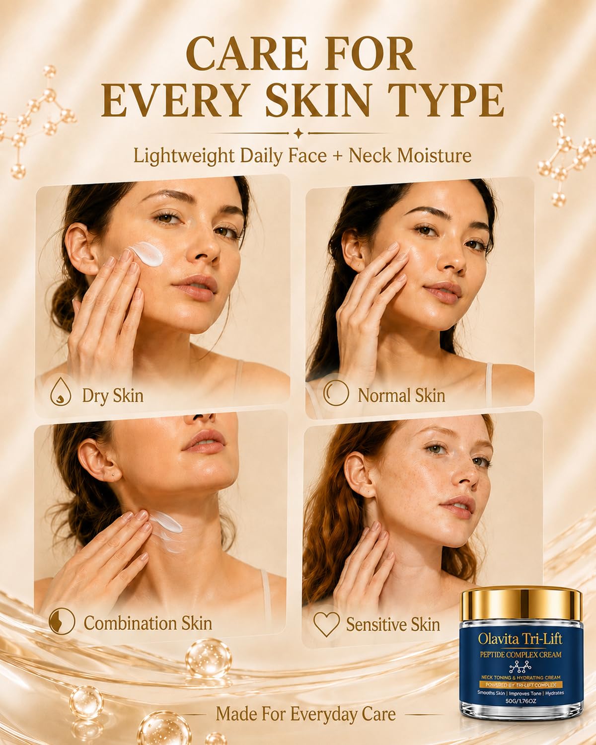 Olavita Tri-Lift applied under makeup for smooth, non-greasy finish