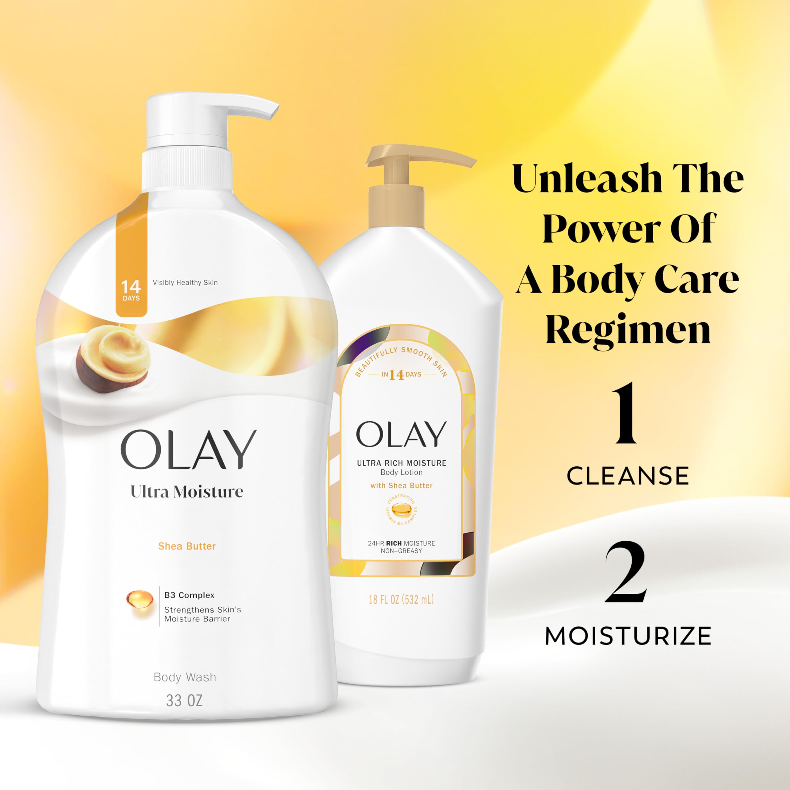 Olay bathroom lifestyle shower scene showing calming shea scent atmosphere