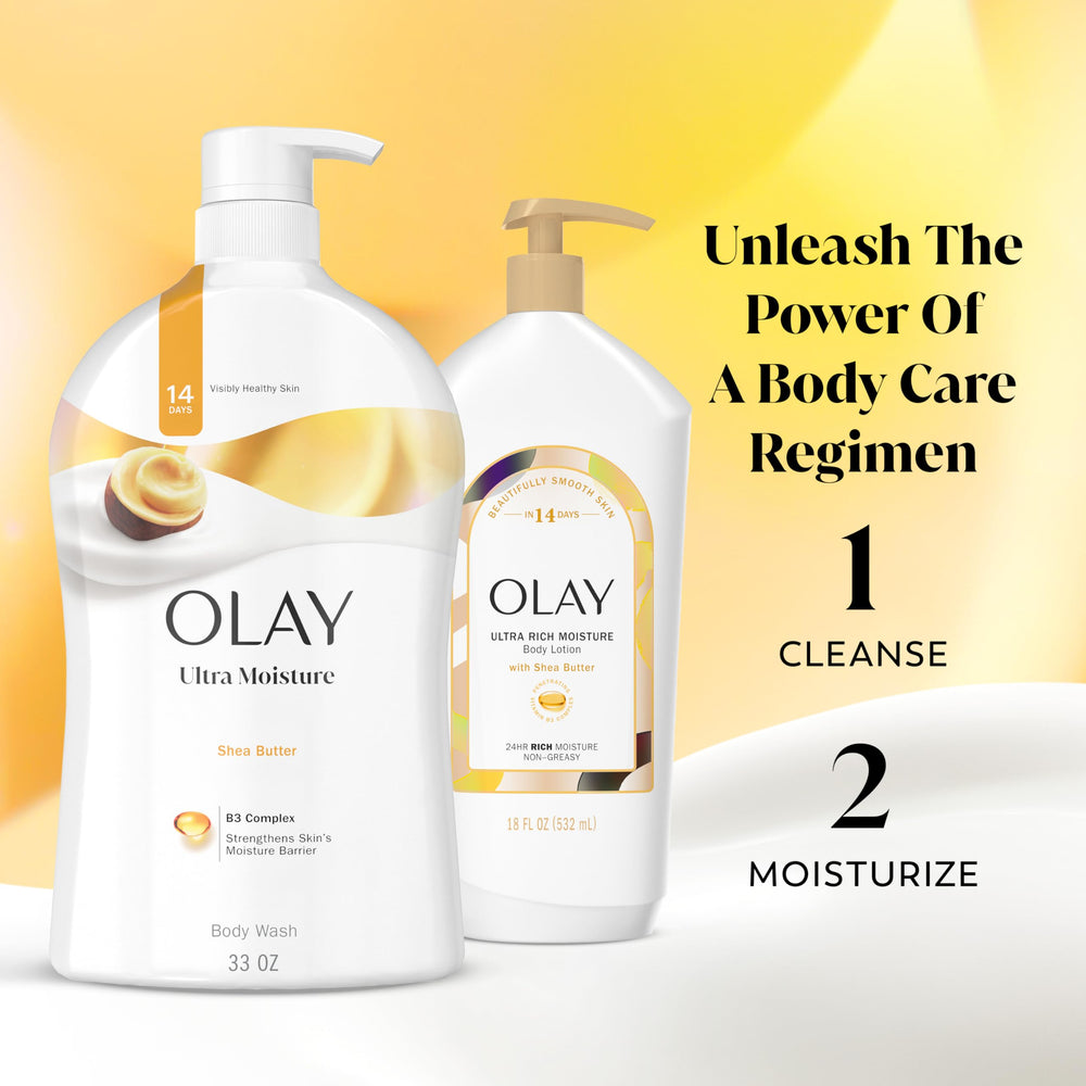 Olay bathroom lifestyle shower scene showing calming shea scent atmosphere