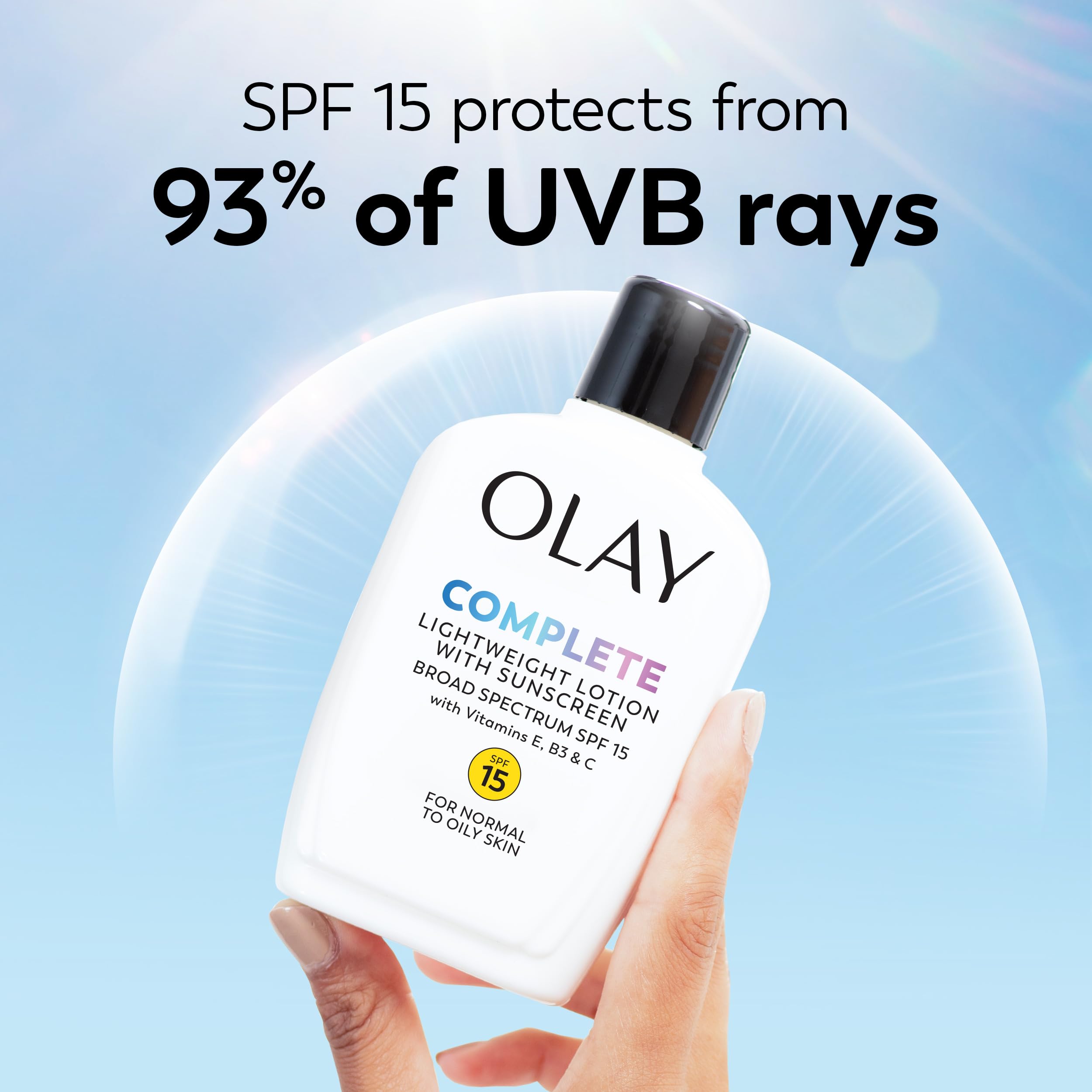 Olay label close-up highlighting ingredients and SPF benefit