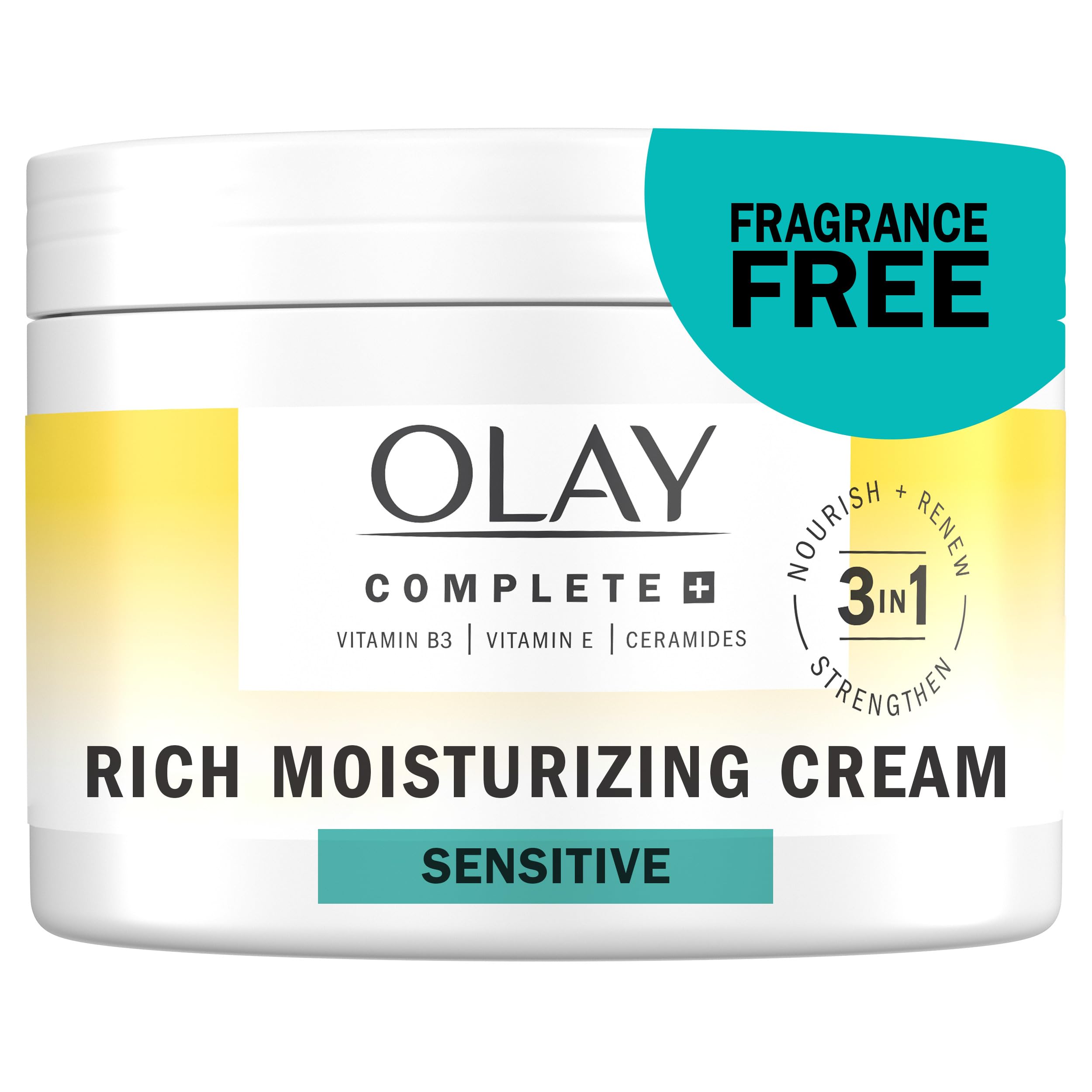Olay Complete+ front jar showing packaging and clear product name benefit