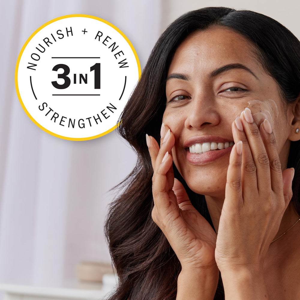 Olay Complete+ with ingredient bottles highlighting vitamins and ceramides