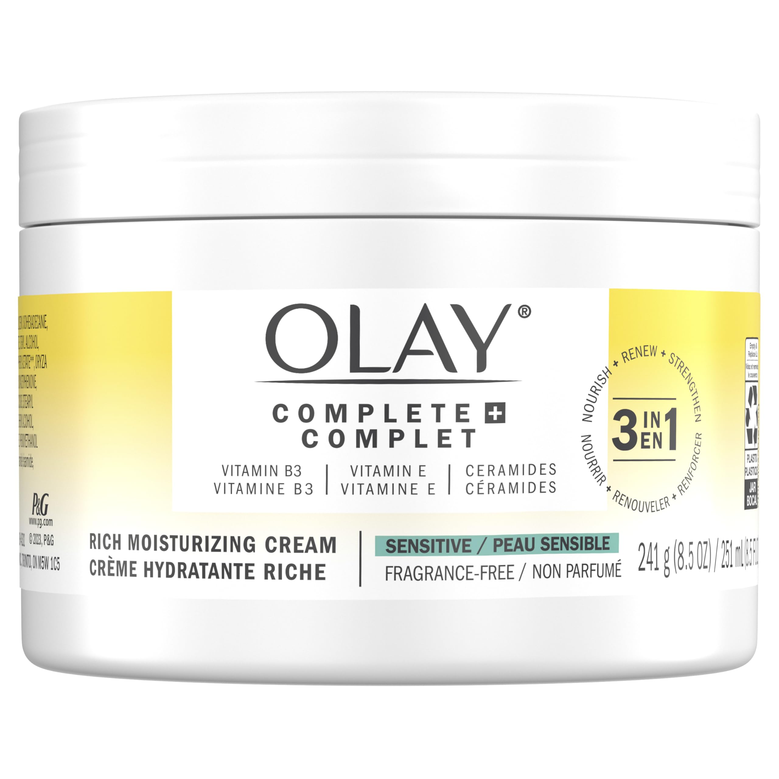 Olay Complete+ ingredient icons showing vitamin B3 E and ceramides benefits