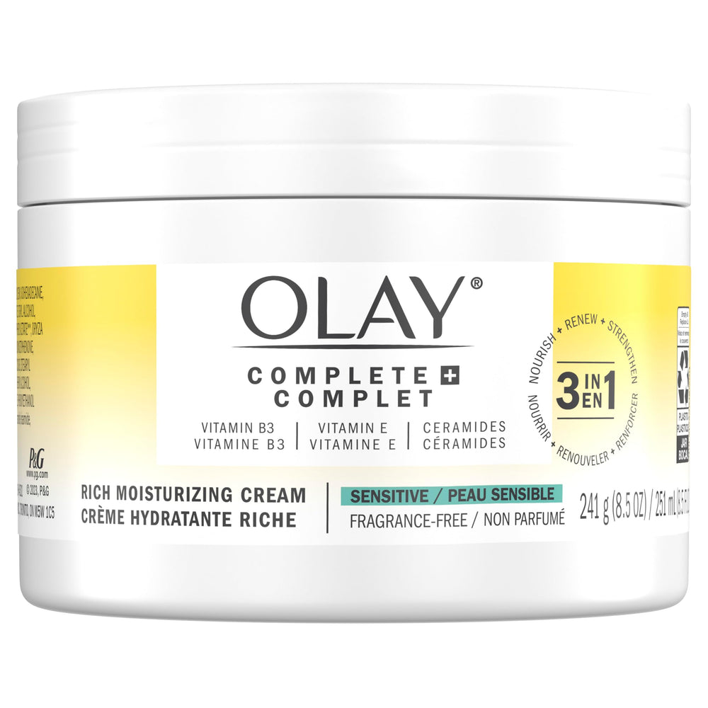 Olay Complete+ ingredient icons showing vitamin B3 E and ceramides benefits