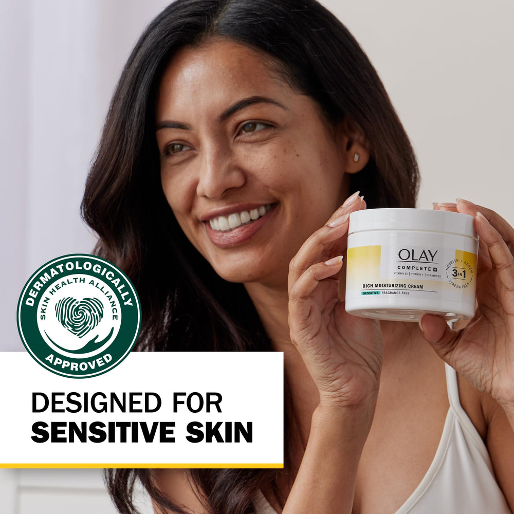 Olay Complete+ jar recyclable label visible showcasing eco-friendly packaging