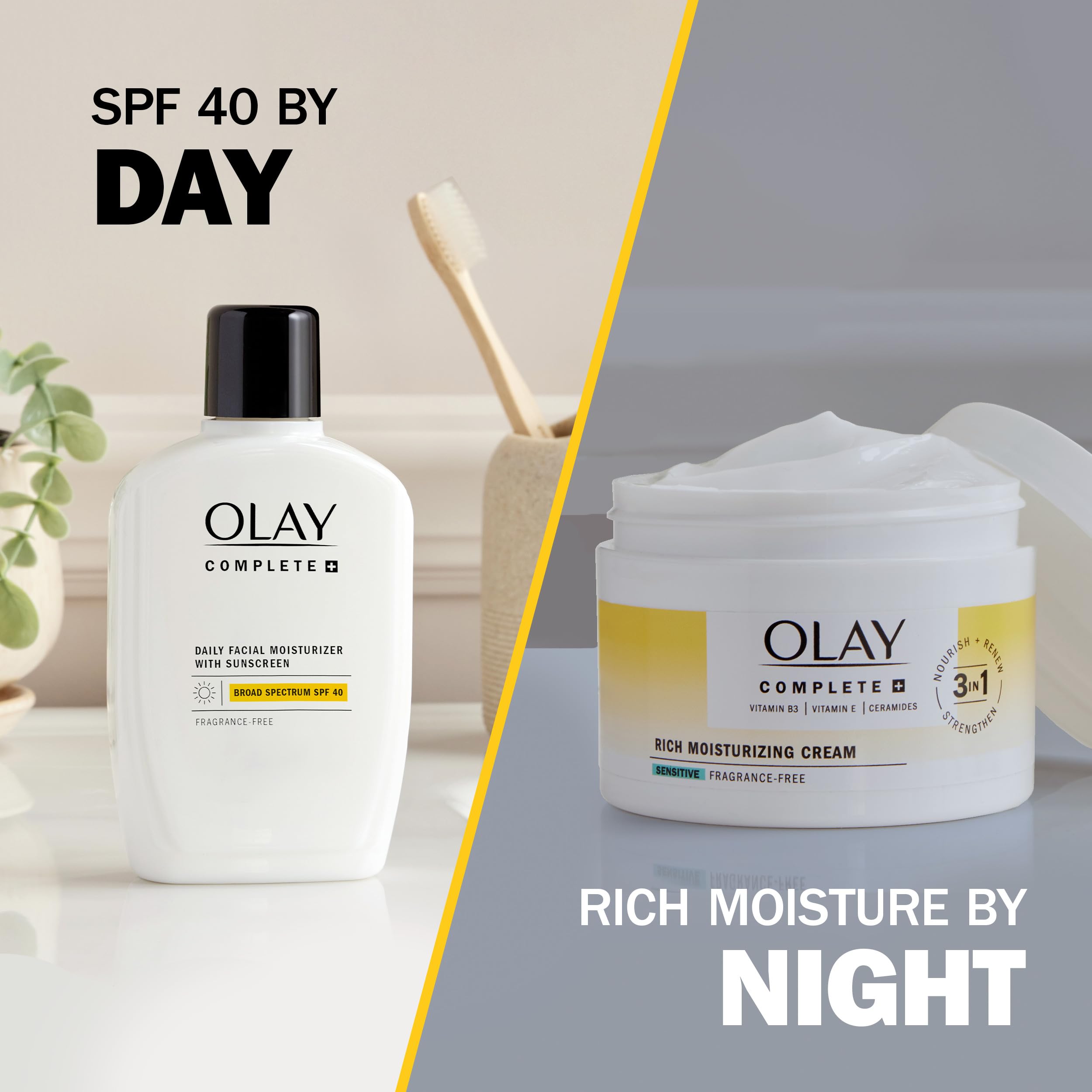 Olay Complete+ jar on nightstand in lifestyle scene for daily skincare routine