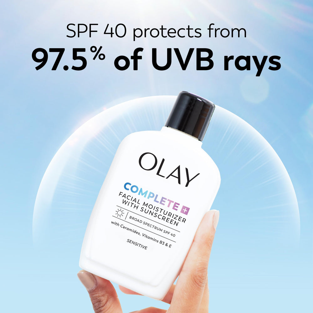 Olay Complete+ open cap showing smooth lotion consistency for fast application