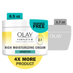 Olay Complete+ open jar close-up of rich cream texture and hydration