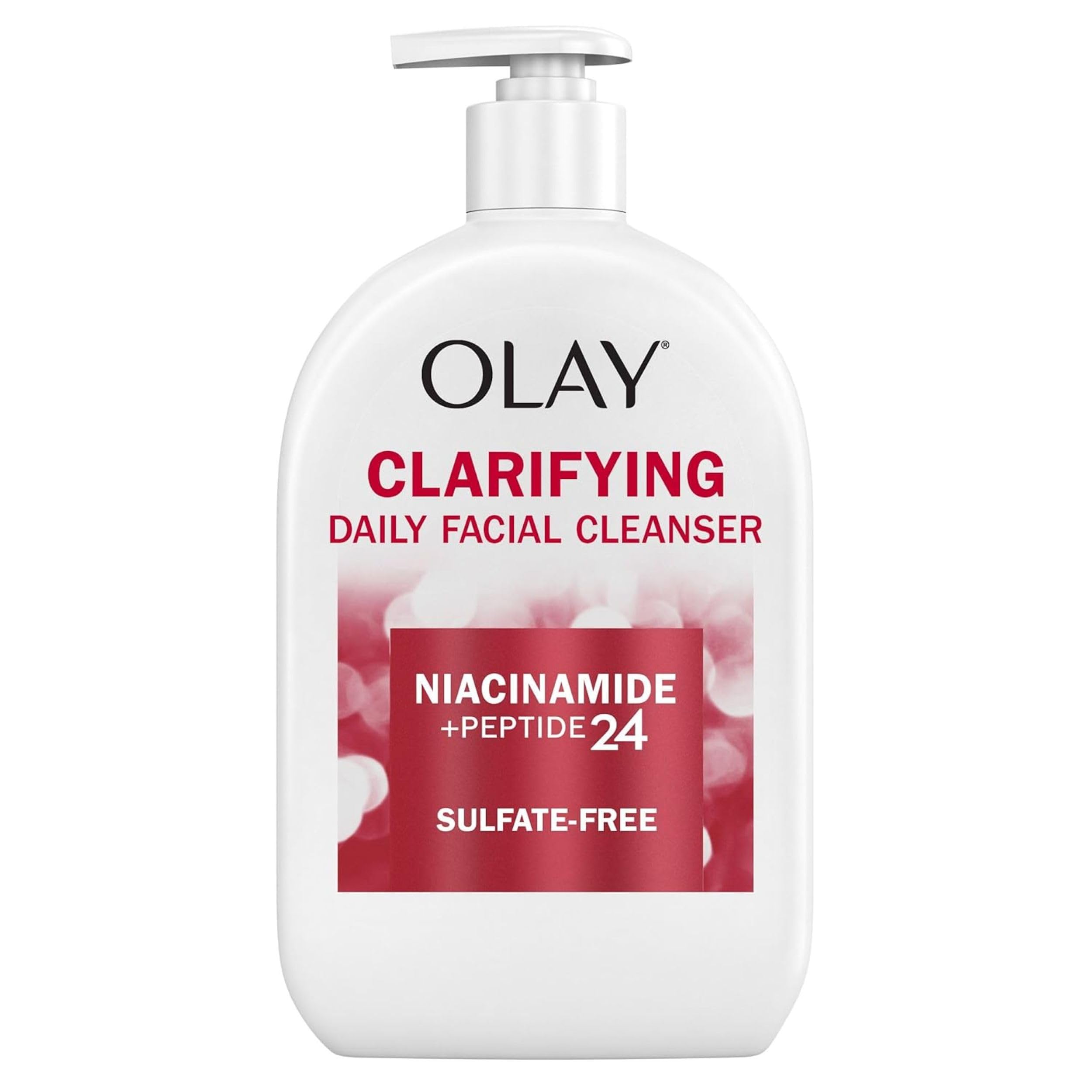 Olay front pump bottle showing label and size, promoting easy daily use