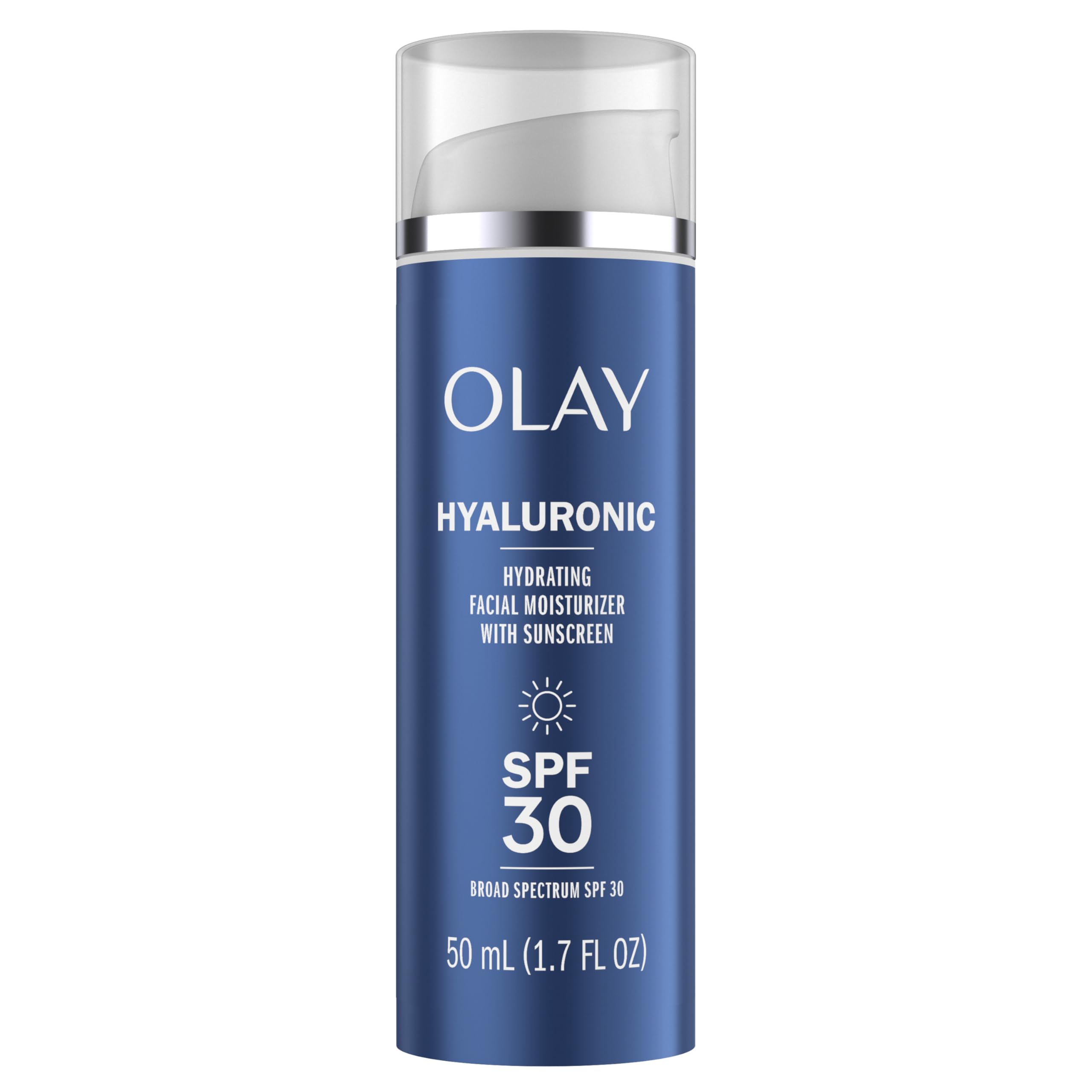 Olay front tube SPF 30 showing product and size benefits