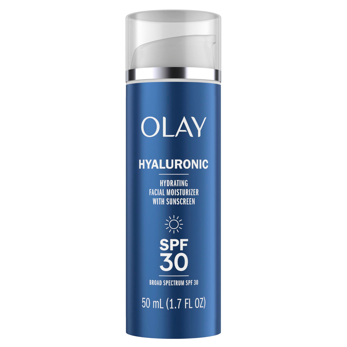 Olay front tube SPF 30 showing product and size benefits