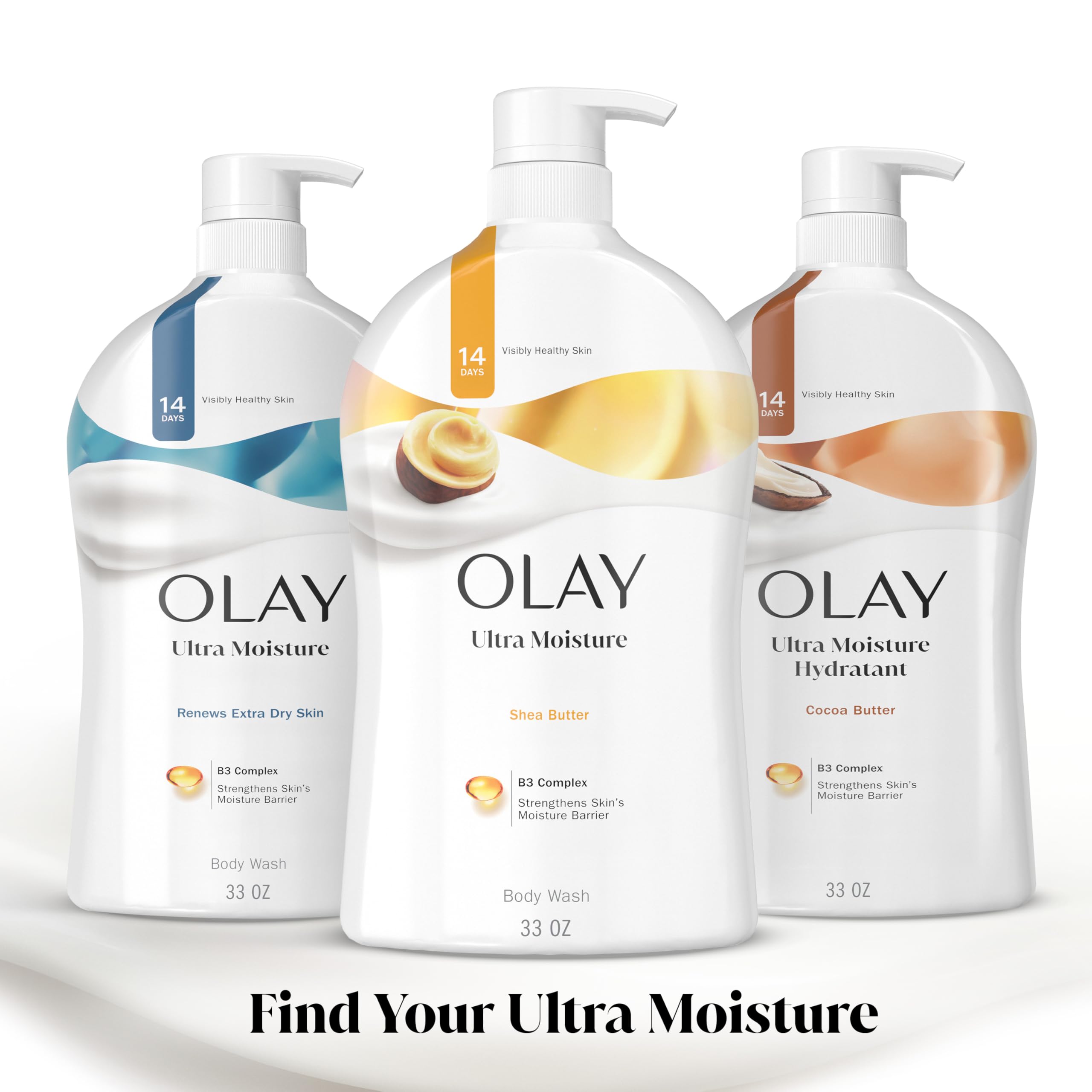 Olay in-shower use bottle on shelf conveying daily hydration routine