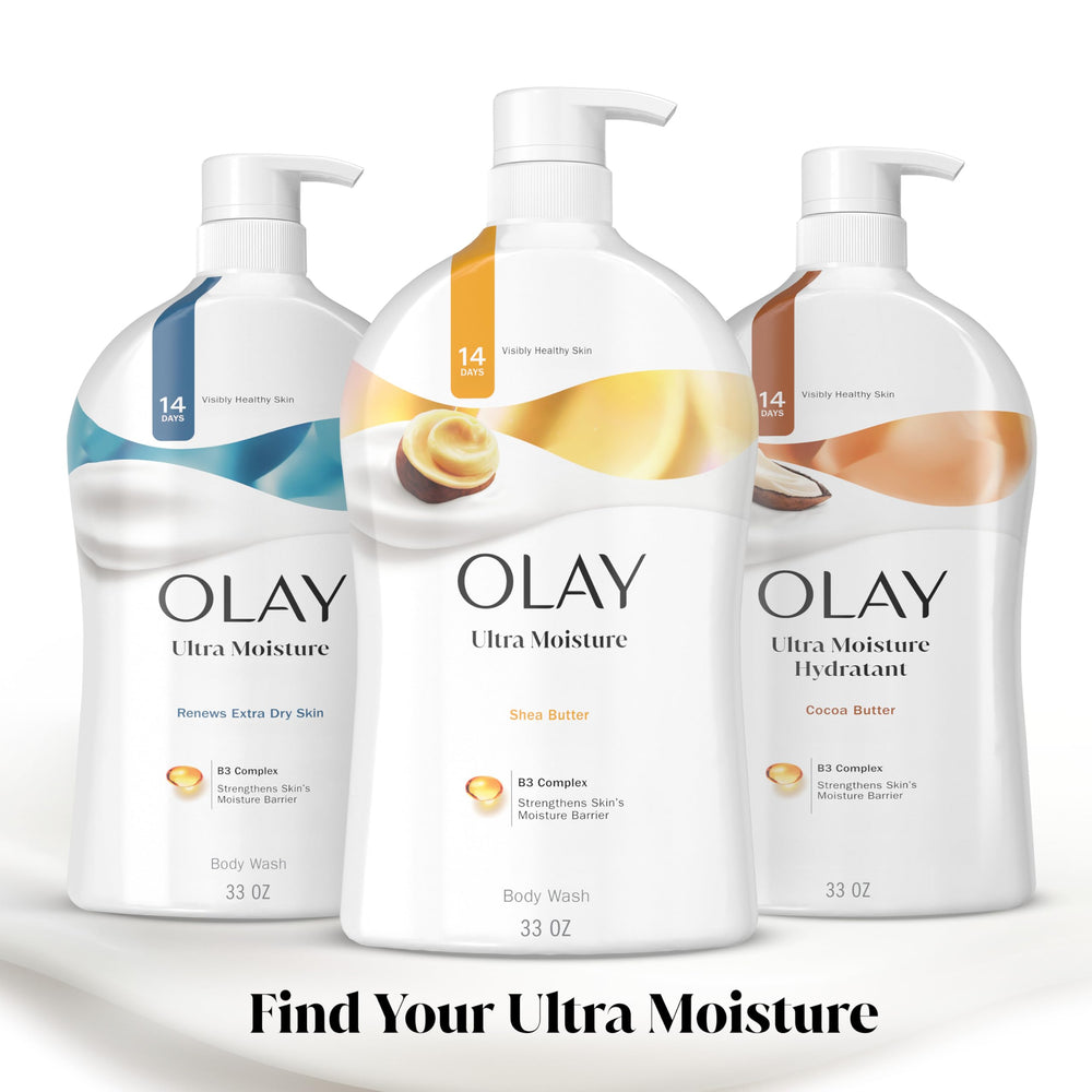 Olay in-shower use bottle on shelf conveying daily hydration routine