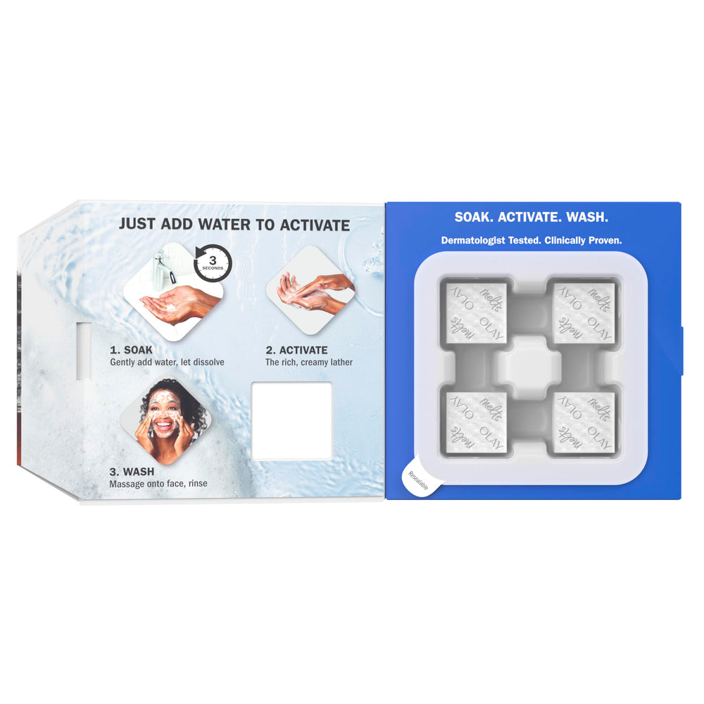 Olay pad being used at night by sink showing effective cleansing benefit