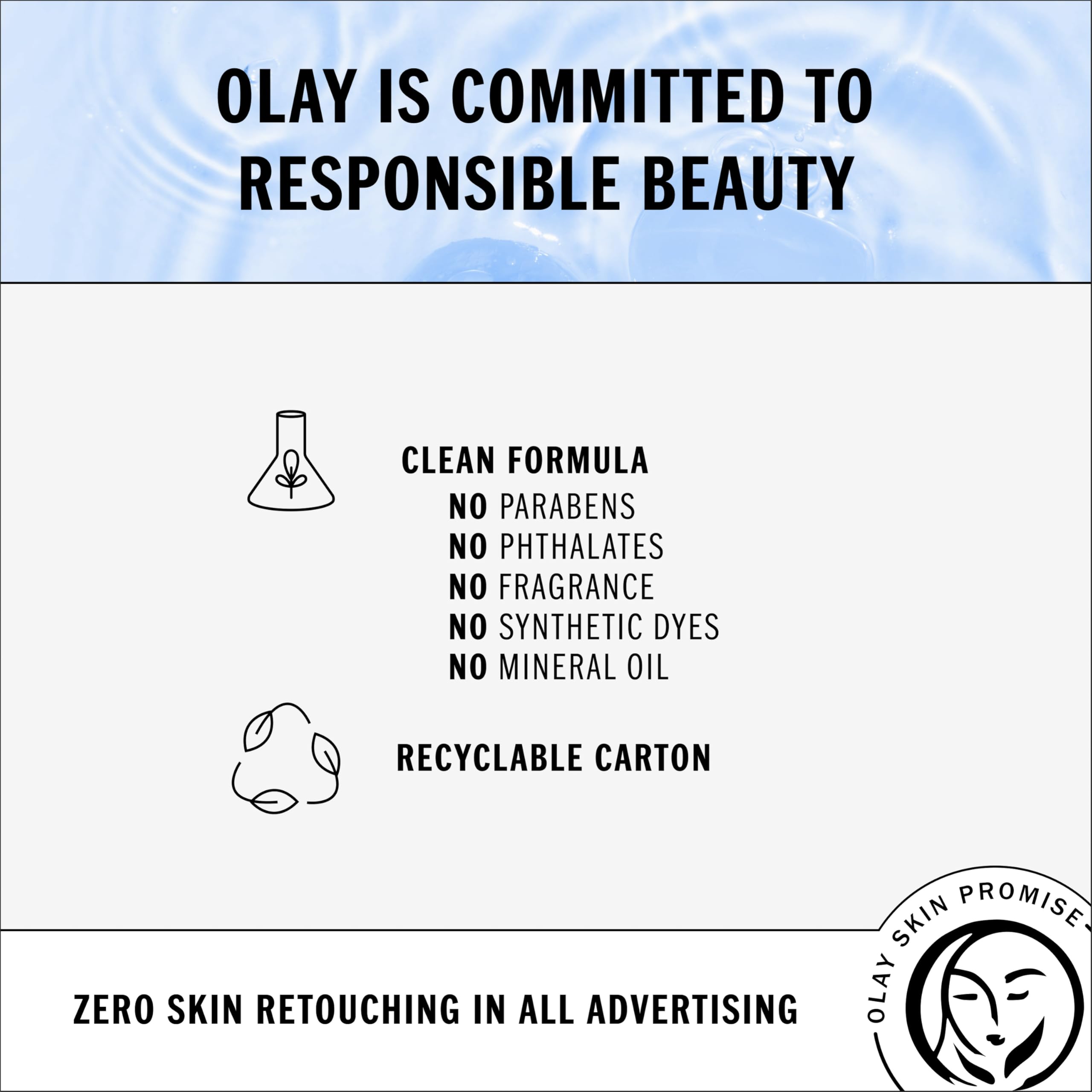 Olay packaging back label showing clean-formula benefits