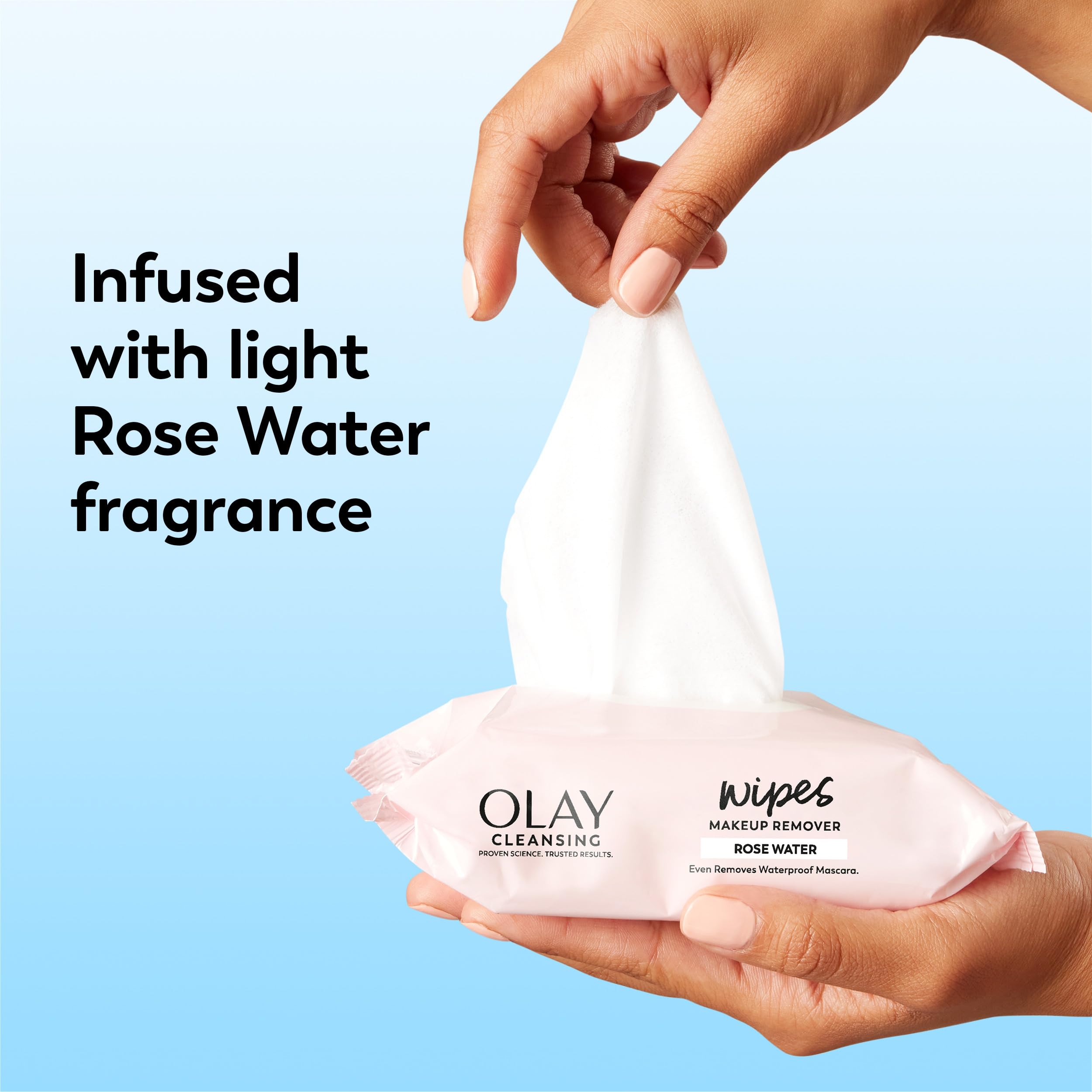 Full-size Olay wipe unfolded to show coverage for face and neck