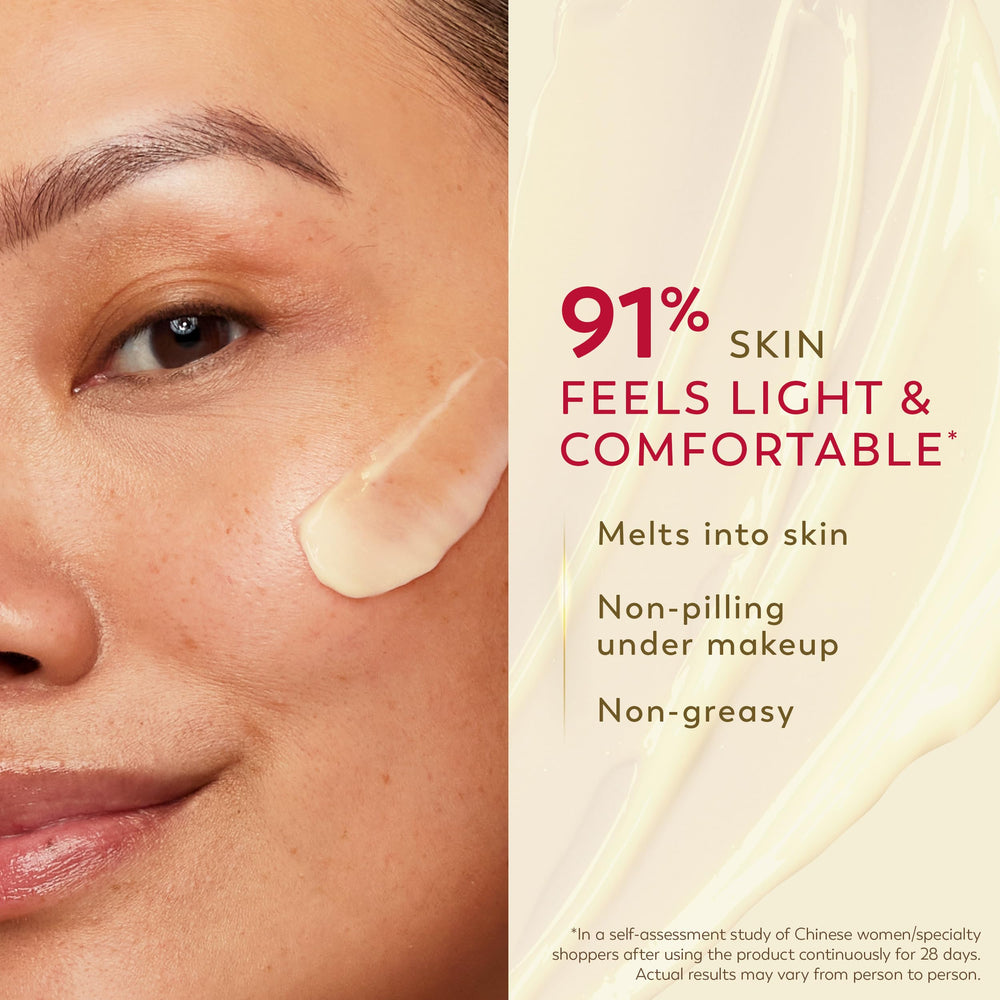 Olay Science applied before makeup demonstrating no-pilling base benefit
