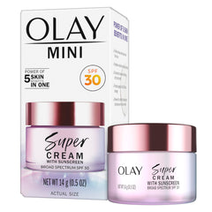 Olay Super Cream front packaging showing trial size and SPF benefit