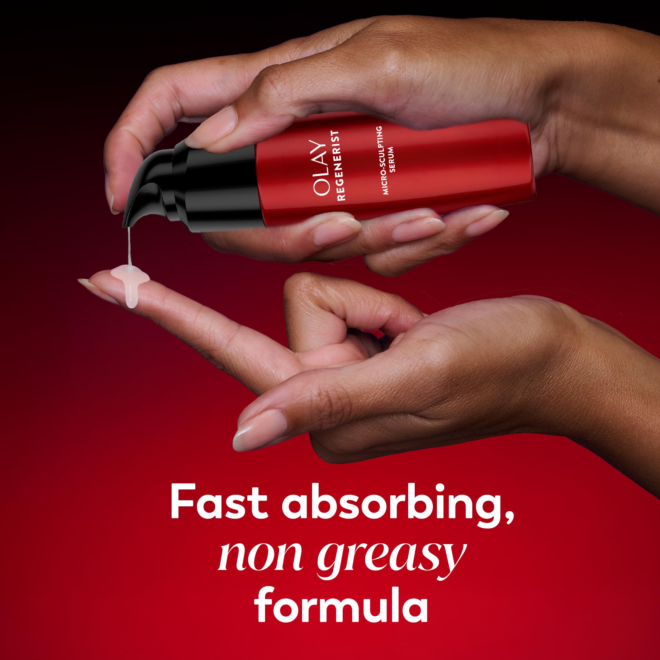 Olay creamy serum texture on hand illustrating fast absorption and non-greasy finish