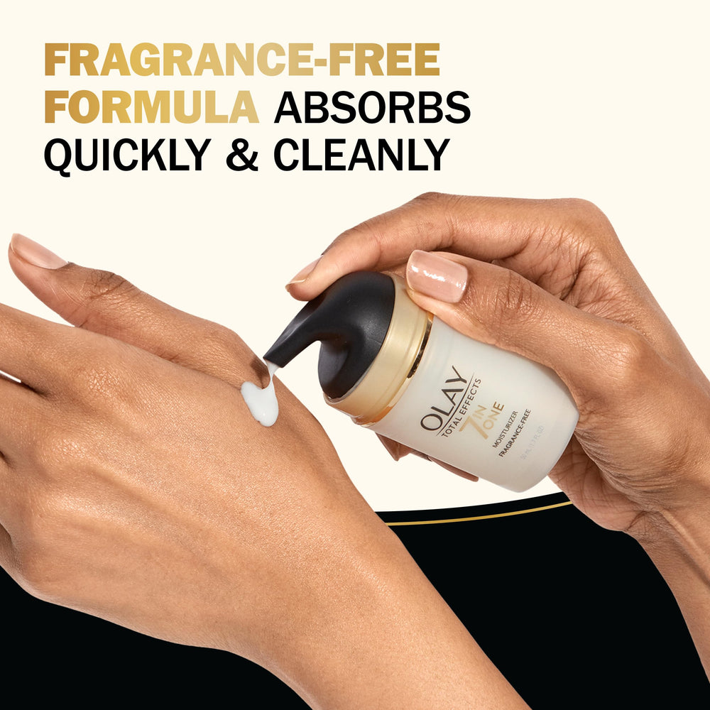 Olay Total Effects moisturizer on hand demonstrating quick absorption