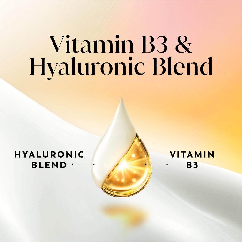 Olay ingredient label close-up showing niacinamide and hyaluronic
