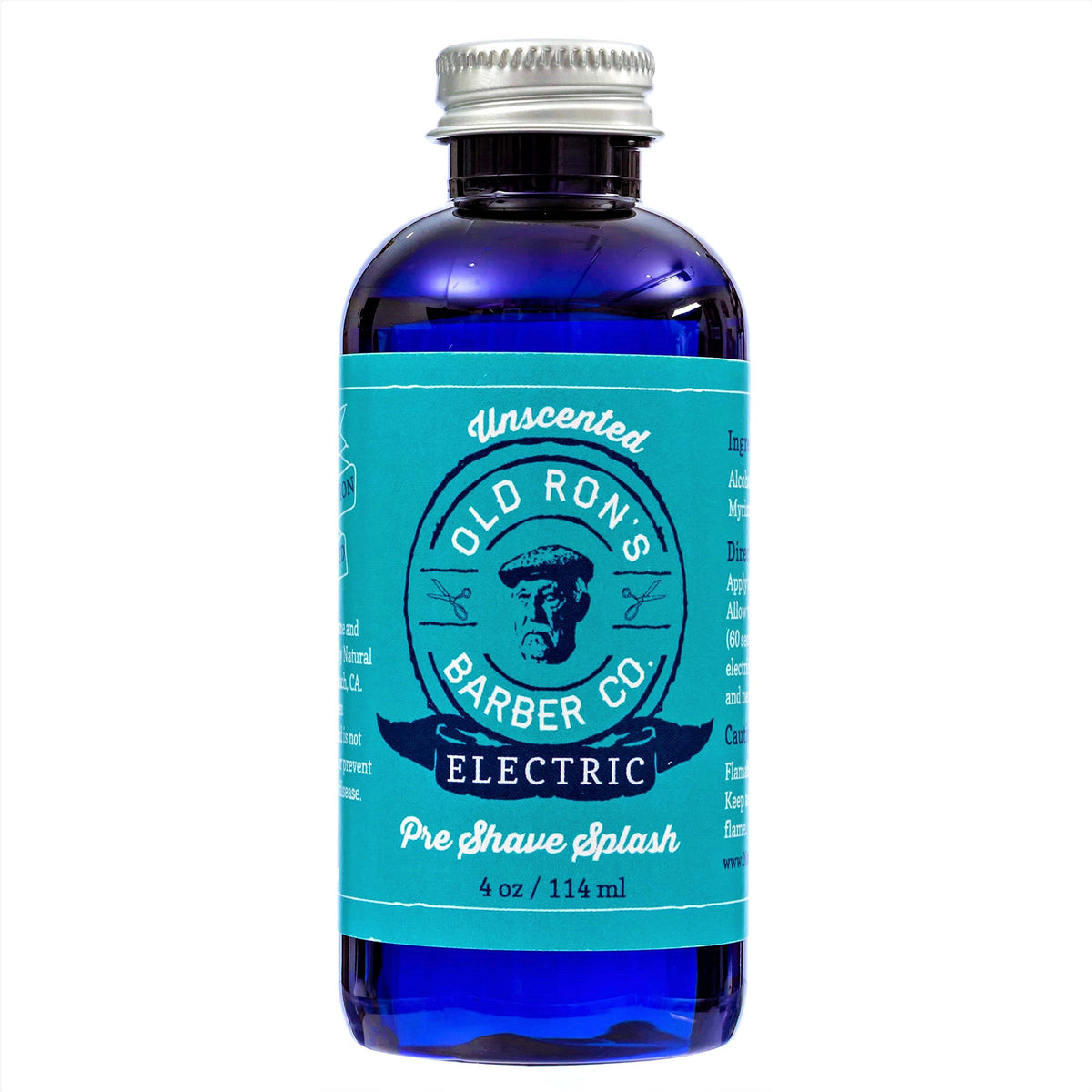 Old Ron's front bottle view showing unscented pre-shave benefits