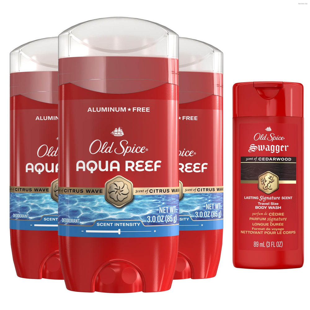 Old Spice front packaging showing Aqua Reef and Swagger scents for confident freshness