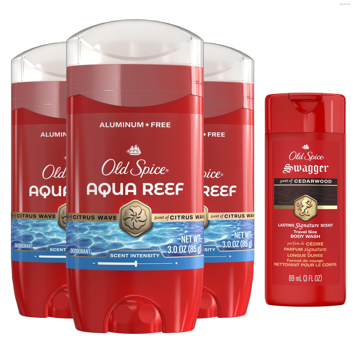 Old Spice front packaging showing Aqua Reef and Swagger scents for confident freshness