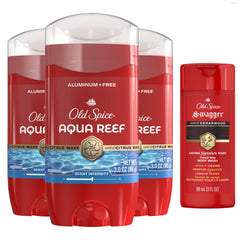 Old Spice front packaging showing Aqua Reef and Swagger scents for confident freshness