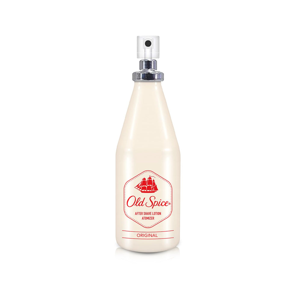 Old Spice atomizer placed on bathroom shelf suggesting daily routine
