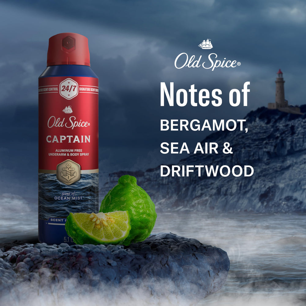 Old Spice Captain spray cloud texture showing fine mist for fast-dry benefit
