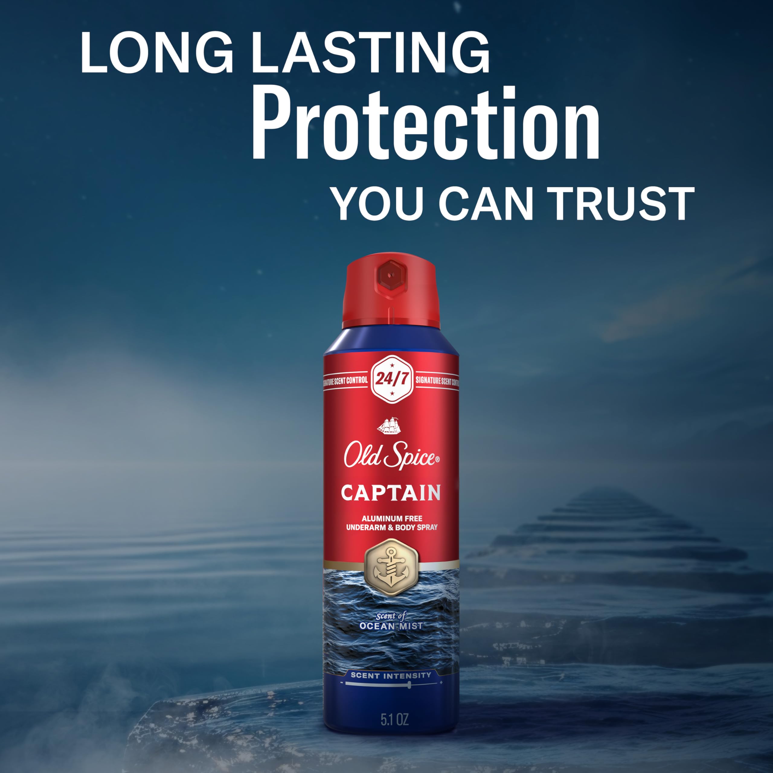 Old Spice Captain trio on bathroom shelf offering value and convenience benefit