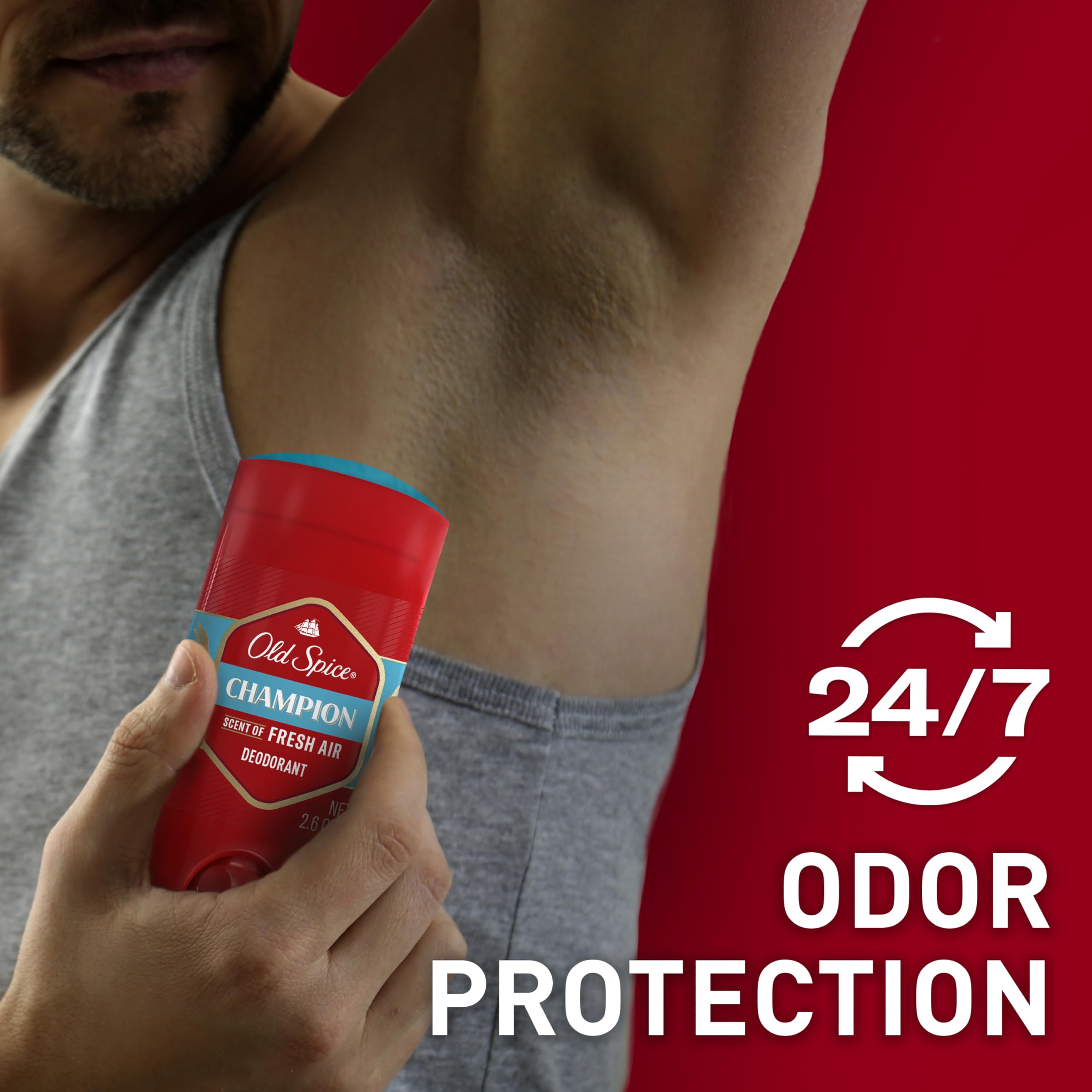 Old Spice Champion being applied underarm demonstrating quick, mess-free use