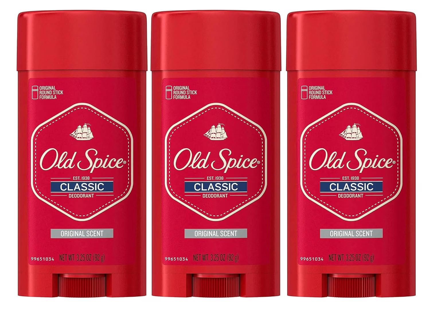 Old Spice Classic front packaging showing three sticks for reliable freshness